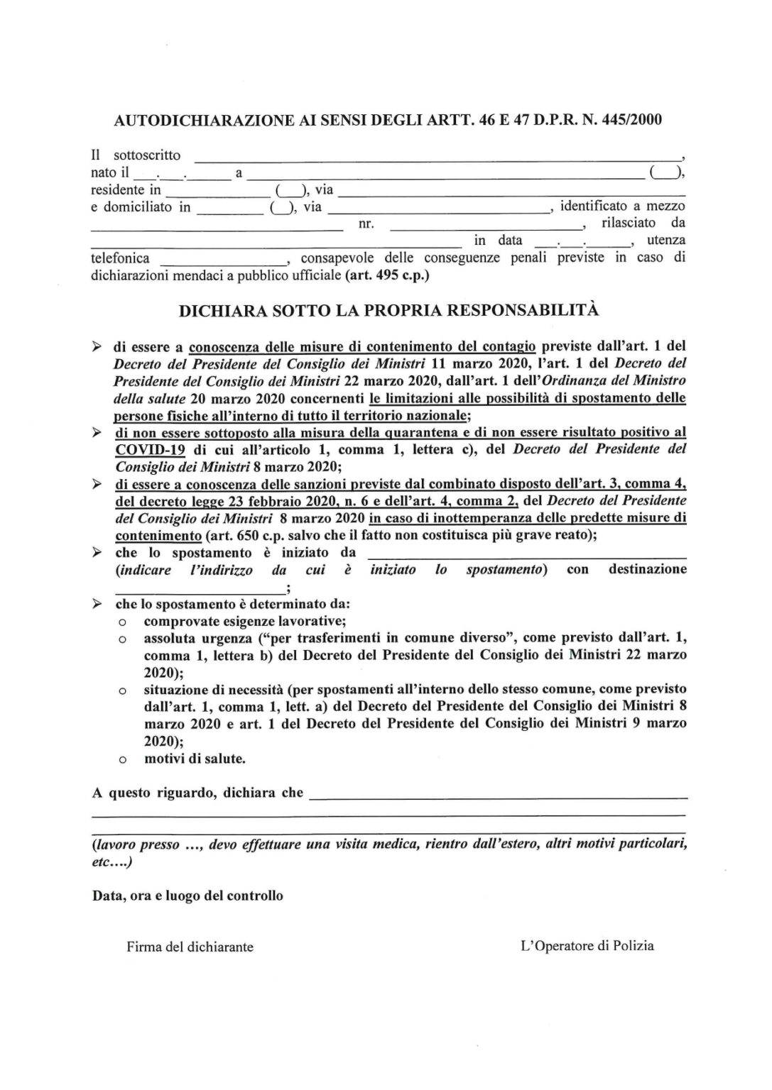 Coronavirus autodichiarazione ai sensi degli artt. 46 e 47 D.P.R. 445/